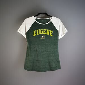 Oregon Ducks Eugene Spell Out Women’s Small Raglan SS T-Shirt Logo Green White